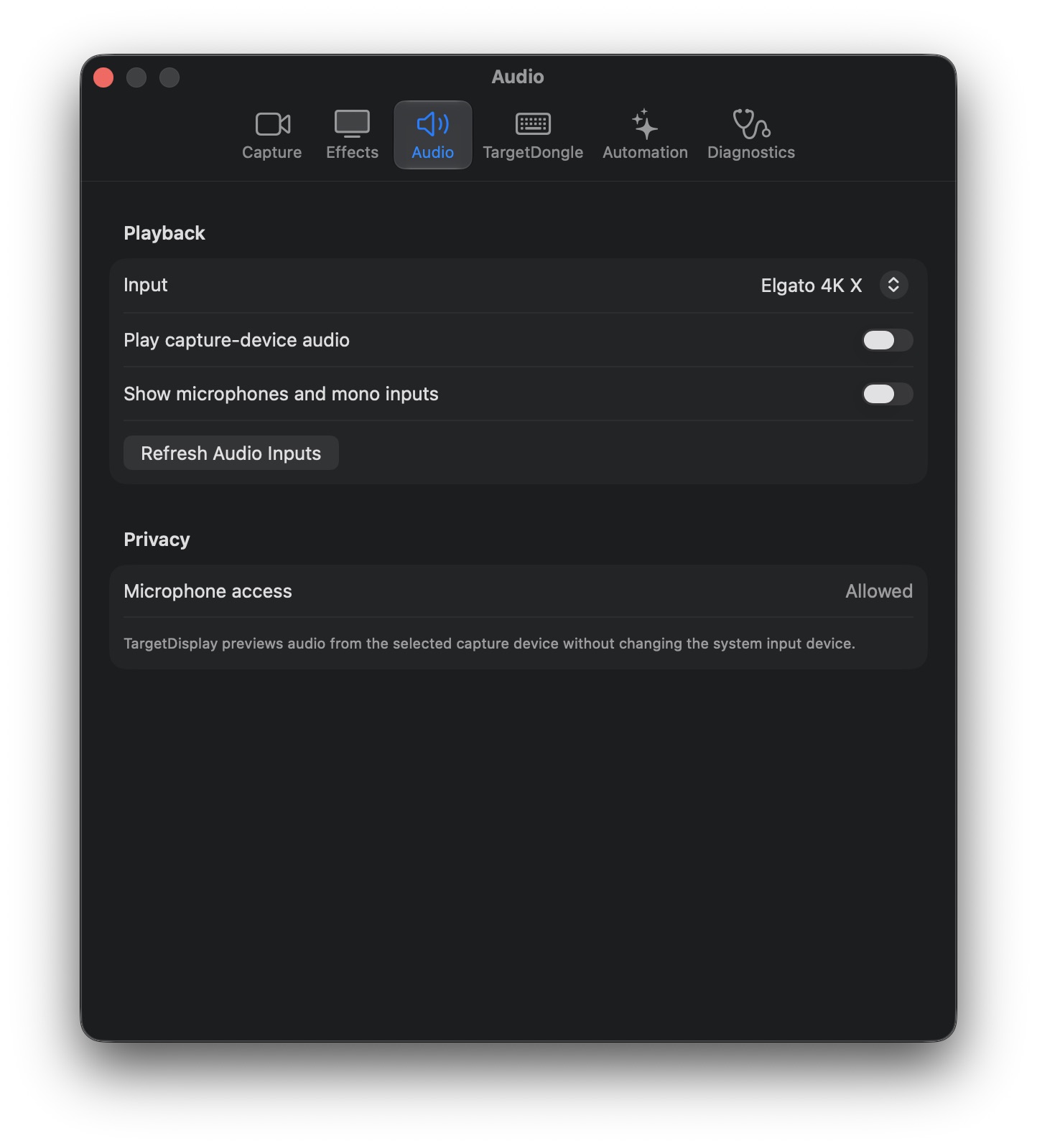 TargetDisplay Audio settings pane
