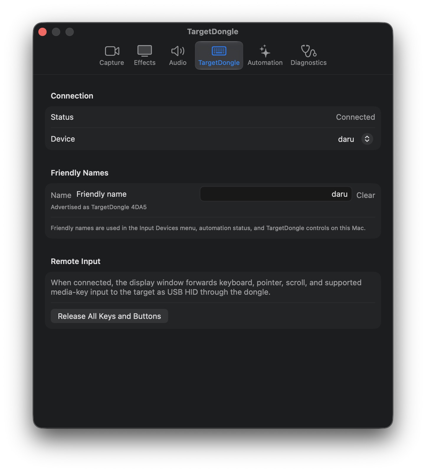TargetDisplay TargetDongle settings pane