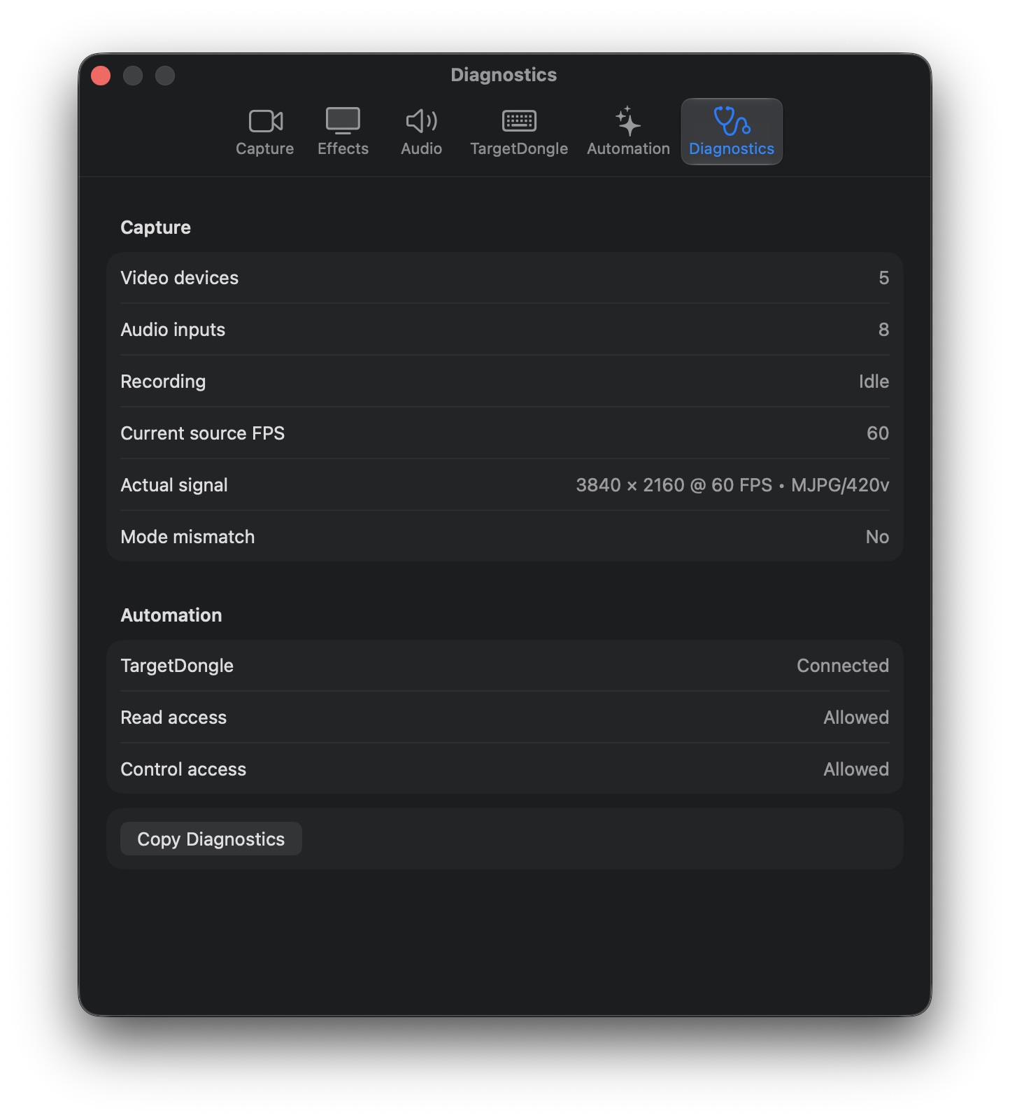 TargetDisplay Diagnostics settings pane